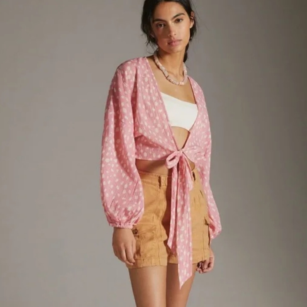 Anthropologie Pink Polka Dot Tie-Front Blouse - Picture 2 of 15